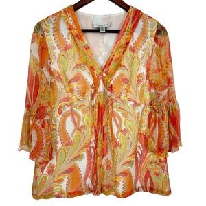 Coldwater Creek Size PM Petite Medium Pink Yellow Summer Blouse Shirt Top Beach